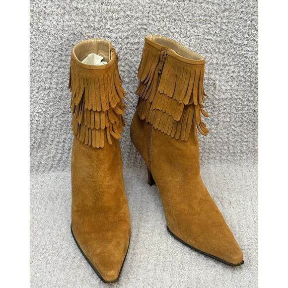 Stuart Weitzman Shoes - Stuart Weitzman Brown Suede Leather Fringe Heeled Booties Size 6.5 #68884